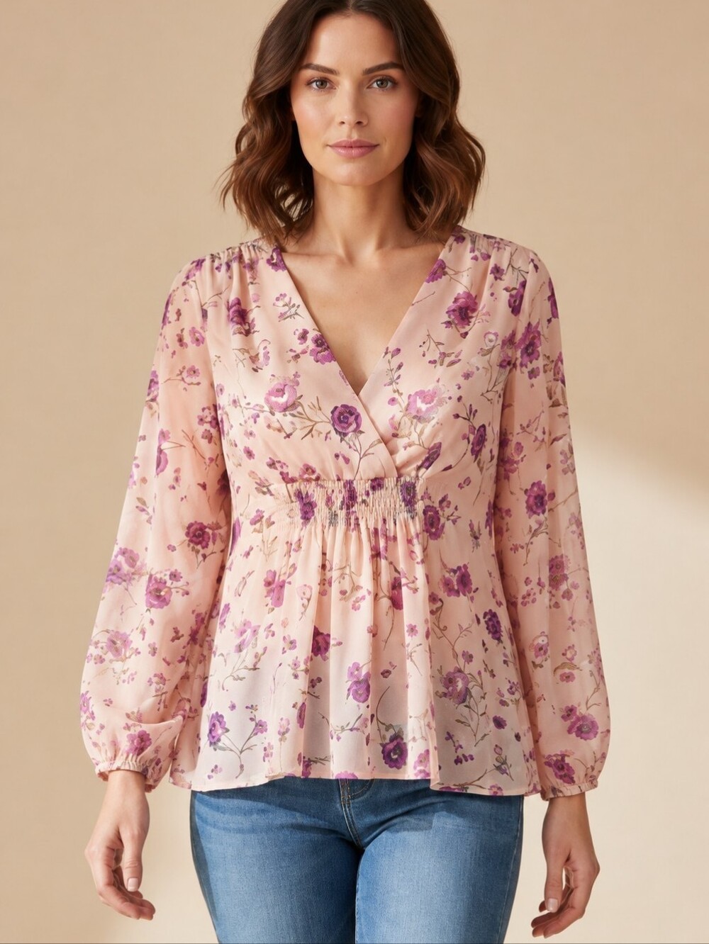 Halogen Pink Floral Smocked Waist Peplum Chiffon Blouse Long Sleeve Small